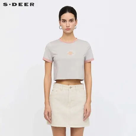 sdeer圣迪奥女装25年新品甜美风圆领撞色印花短款T恤S25260110图片