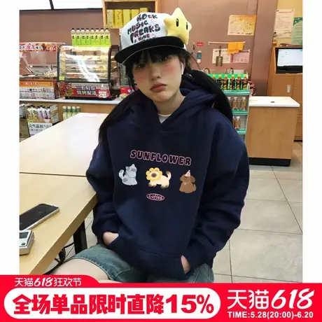 ulzzang可爱风减龄超显白藏蓝色连帽卫衣女宽松加绒加厚重磅上衣商品大图