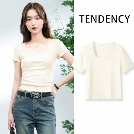 KMV真维斯杏色短袖t恤女2025新款夏季短款紧身显瘦正肩外穿打底衫图片