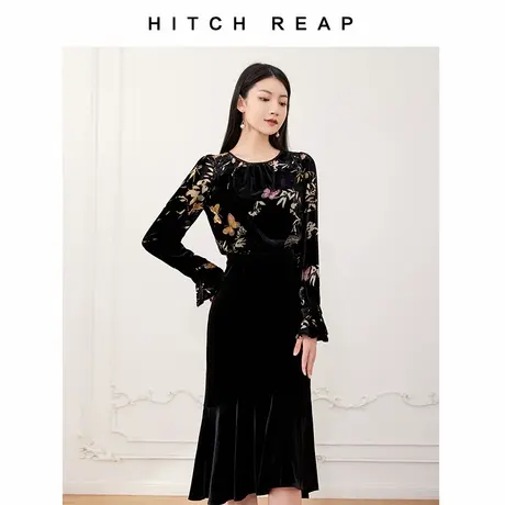 希区瑞普丝绒拼接印花鱼尾连衣裙高级感国风新中式中长款长袖春秋商品大图