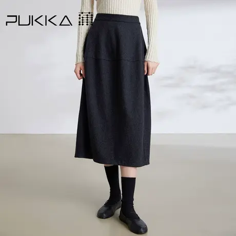 蒲PUKKA 极简穿搭中长款a字花苞毛呢半身裙女年冬季新款图片