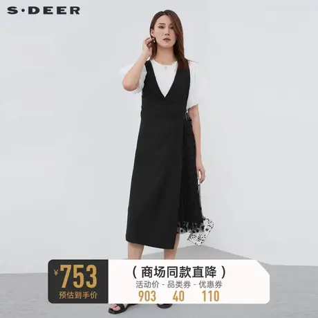 sdeer圣迪奥秋装女装V领波点网纱收腰背带连衣裙S221Z1278商品大图