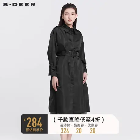 sdeer圣迪奥女装翻领收腰直筒黑色长款风衣外套S22161806🥣商品大图