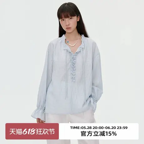 omont蛋挞家复古亚麻混纺荷叶边领长袖衬衫2025夏季宽松慵懒罩衫商品大图