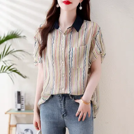 高级感法式条纹衬衫女夏季2025新款时尚洋气设计感宽松短袖女上衣商品大图