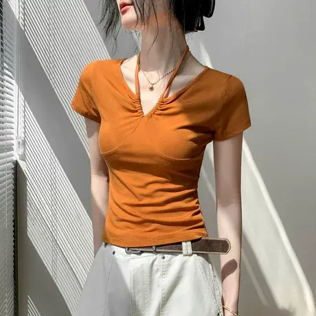 别致纯色V领短袖T恤女2025夏季新款外穿显瘦挂脖正肩内搭高级上衣图片