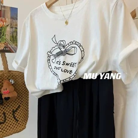韩代同款 爱心蝴蝶结雪花棉短袖T恤女夏季宽松休闲印花上衣tee潮商品大图