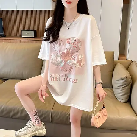 设计感小众短袖t恤女夏装韩版宽松大码中长款新中式中国风上衣服商品大图