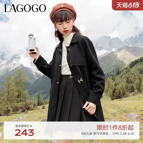 LAGOGO黑色显瘦百搭风衣女拉谷谷简约小翻领挺括顺垂中长款外套商品大图