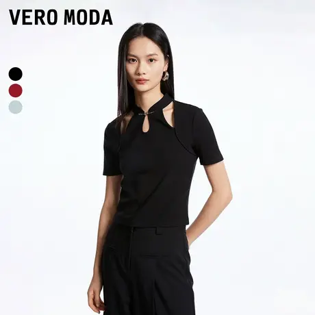 Vero Moda奥莱针织短袖女夏季新款新中式旗袍领镂空气质T恤上衣商品大图