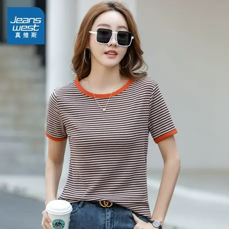 VO真维斯女装2025夏季新款 短袖圆领舒适百搭修身显瘦条纹T恤上衣商品大图