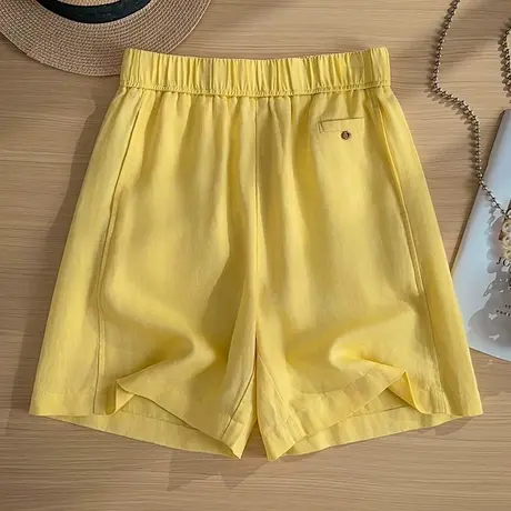 拉夏贝尔高级感黄色亚麻阔腿裤短裤女夏薄款2025新款五分裤外穿裤图片