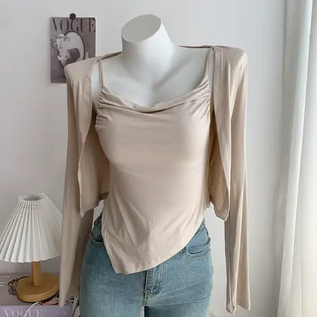 纯欲辣妹两件套修身显瘦不规则荡领吊带+长袖开衫外套上衣套装图片