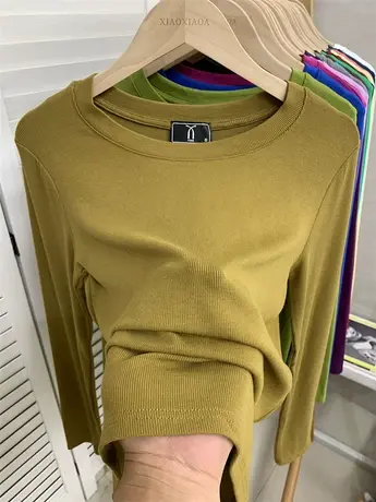 欧货大码长袖内搭打底衫t恤女纯色百搭修身弹力螺纹针织洋气上衣商品大图