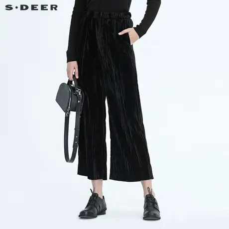 sdeer圣迪奥冬季女装简约复古松紧黑色灯芯绒直筒长裤S20480812图片