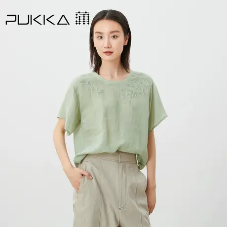 蒲PUKKA 原创设计女装夏季新品苎麻刺绣宽松大圆领短袖衬衫商品大图