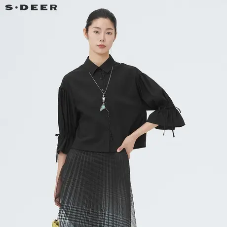 【直播间专属】sdeer圣迪奥翻领抽褶绣花黑色长袖衬衫S22260502图片