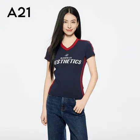 A21女装印花字母撞色V领T袖韩版修身显瘦短袖套头上衣辣妹百搭图片