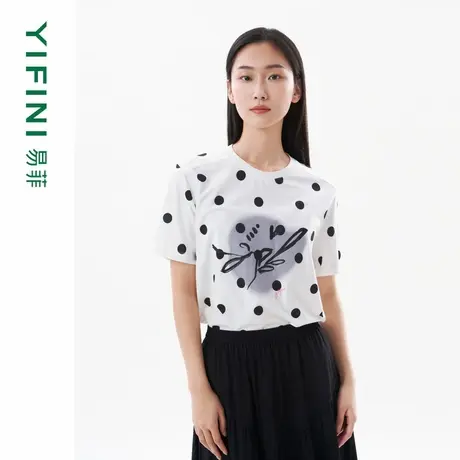 [专柜同款]Yifini/易菲文艺波点创意印花宽松短款时尚T恤女夏季图片
