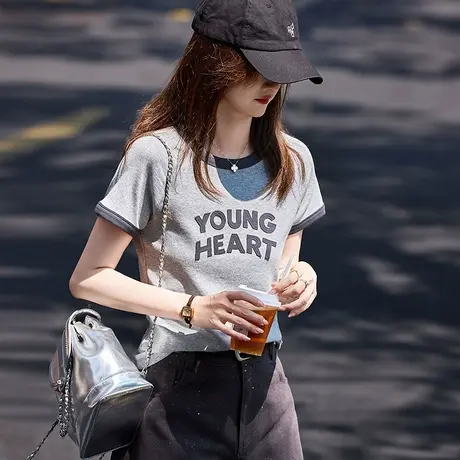 时尚气质短袖T恤2025年夏季新款女拼接修身简约通勤街头减龄半袖图片