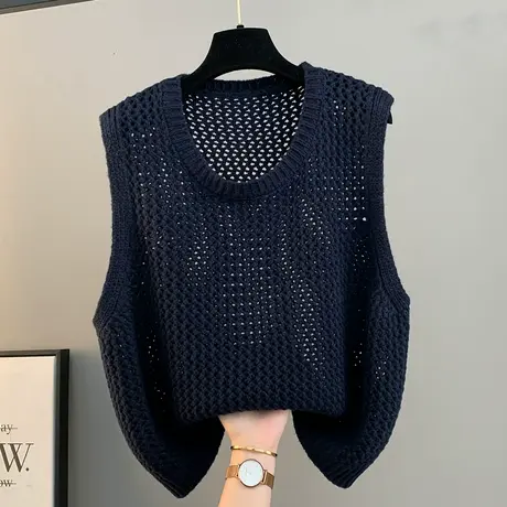 韩系复古镂空无袖针织背心女秋季新款外穿宽松显瘦别致短款马甲潮商品大图