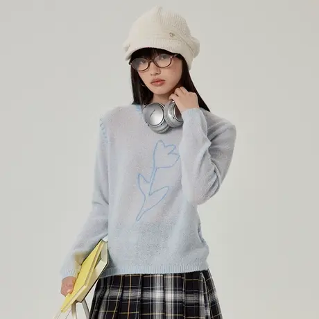 omont蛋挞家 手工盘带绣马海毛针织衫秋圆领宽松慵懒套头毛衣商品大图