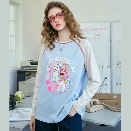 a02设计感撞色蝴蝶结慵懒罩衫上衣2025春季休闲舒适女式T恤图片