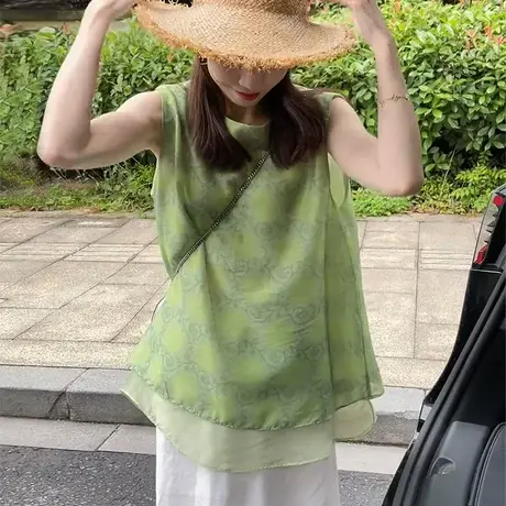 复古绿色双层网纱无袖背心女2025新款夏季宽松设计感休闲独特上衣商品大图