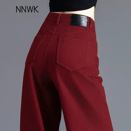 安可拉红加绒宽松阔腿牛仔裤女2025新款秋冬小个子直筒裤拖地长裤商品大图