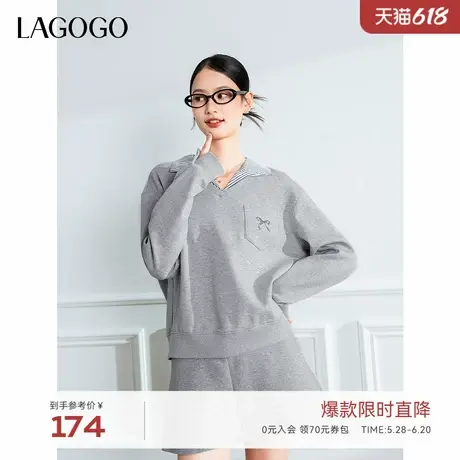 LAGOGO学院风条纹假两件卫衣女拉谷谷2024年冬季新款翻领显瘦上衣图片