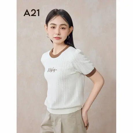 A21女装套头圆领短袖薄款毛针织衫2024夏季新款韩版撞色短款T恤女图片
