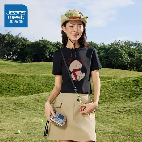 G2真维斯2025新款时尚休闲女款上衣短款收腰修身圆领短袖T恤女潮商品大图