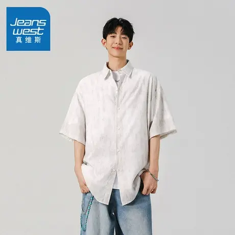 N5真维斯男士短袖衬衫2025夏季新款美式复古男生休闲宽松百搭衬衣商品大图