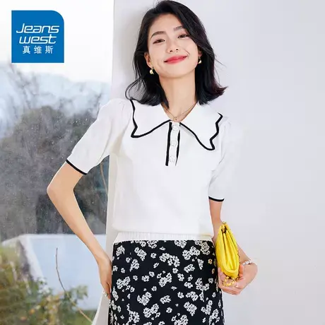 KP真维斯2025新款娃娃领短袖针织衫女通勤时尚淑女风短袖打底上衣商品大图