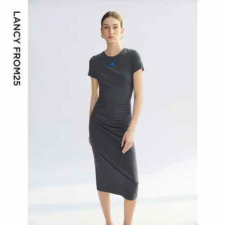 朗姿2025年夏季新款长裙气质高级感修身显瘦独特高知短袖连衣裙女商品大图