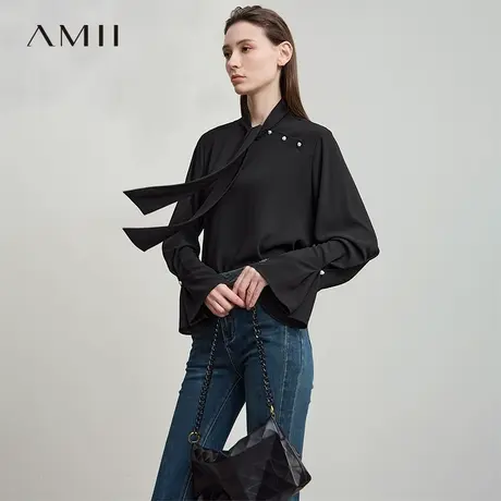 Amii2025秋新款极简通勤翻领斜门襟套头宽松无弹喇叭袖口雪纺衫商品大图