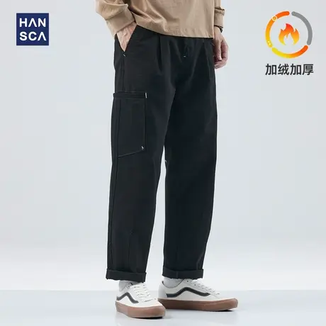 hansca黑色直筒休闲裤男2023秋季潮牌水洗宽松大码工装纯棉长裤子商品大图
