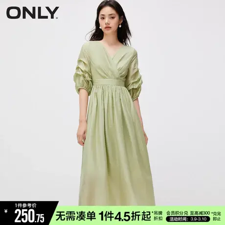 ONLY秋季时尚优雅法式V领收腰泡泡袖连衣裙女|123207144商品大图