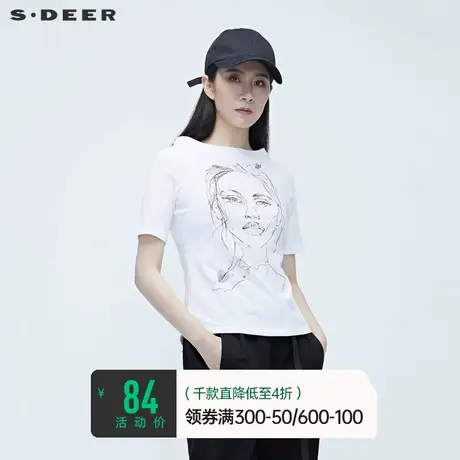 sdeer圣迪奥女装夏季人物印花短袖基本款白T恤S20280104👖商品大图