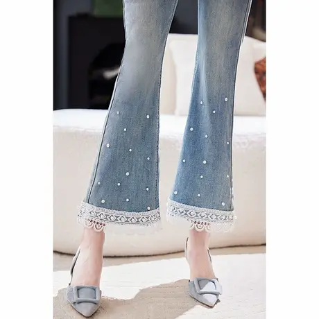 宝诗黎蕾丝钉珠拼接牛仔裤2025春季高腰显瘦百搭气质休闲微喇裤商品大图