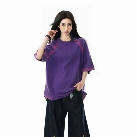 2025新款美式喷染做旧宽松短袖T恤女夏季街头ins风情侣款半袖上衣图片