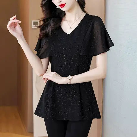时尚大码女装亮丝短袖雪纺衫女夏装中长款胖MM宽松显瘦遮肉女上衣商品大图