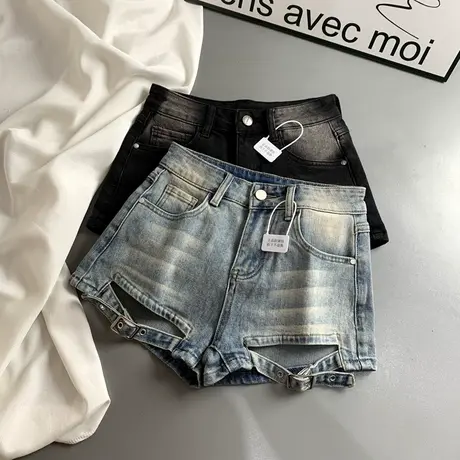 美式高街绑带镂空高腰牛仔短裤女春装辣妹时尚显瘦阔腿A字热裤潮商品大图