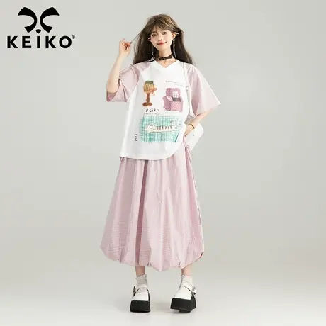 KEIKO 甜系拼色插肩袖印花t恤女夏季美式休闲薄款宽松V领短袖上衣图片
