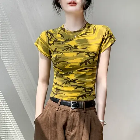 独特漂亮圆领短袖T恤女2025初夏穿搭舒适面料修身超好看短款上衣图片