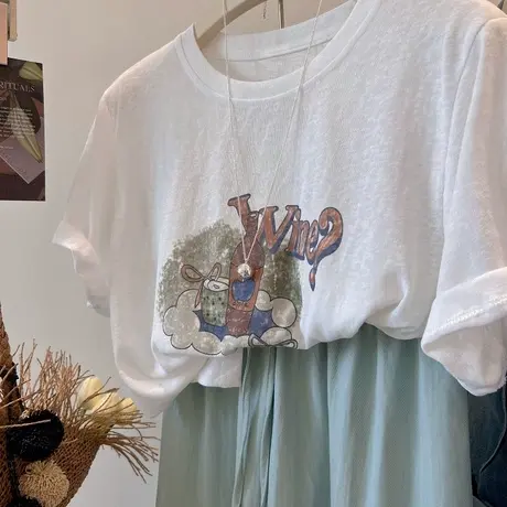 凉感雪花棉！夏日啤酒瓶印花 圆领宽松百搭薄款透气卡通短袖T恤女图片