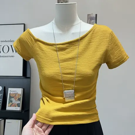 小个子短款肌理感斜领短袖T恤女夏季修身韩版chic甜辣露肩上衣潮商品大图
