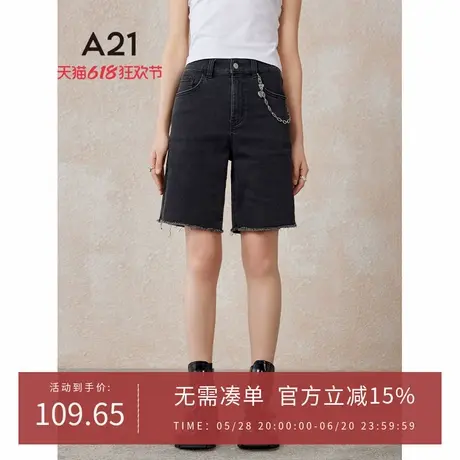 A21女装合体弹力高腰小直筒牛仔中裤夏季黑色短裤新款拉链五分裤商品大图