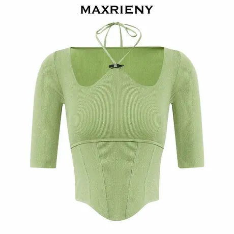 【奥莱】MAXRIENY豆沙绿挂脖套头针织衫秋季上衣女图片