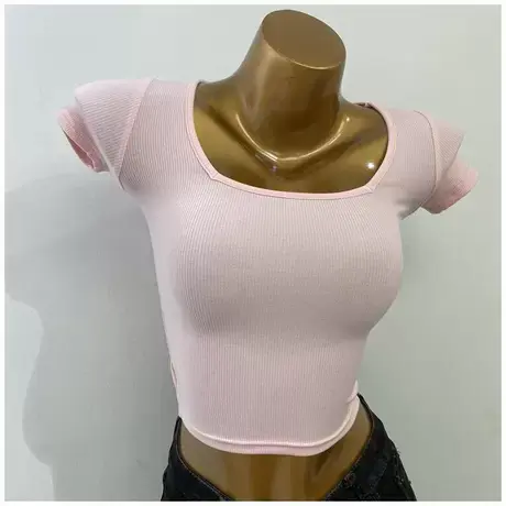 小小一件！粉嫩短款方领上衣女2021韩国新款修身微透露脐短袖t恤商品大图